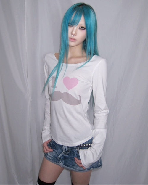 "I Love Mustache" Y2K Cotton Long Sleeve Tee | Grey & White Available