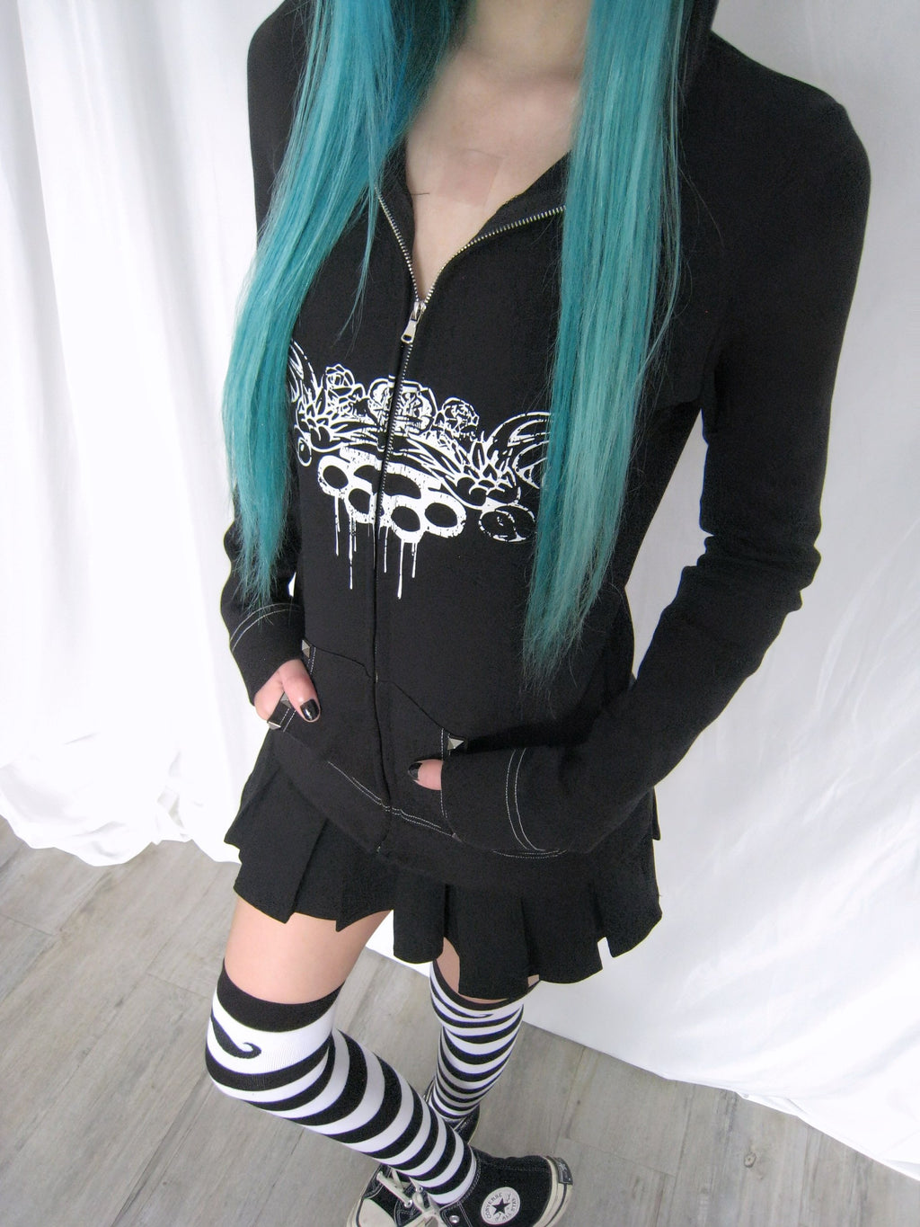 Knockout Slim Fit Black Hoodie with Zebra Pattern Hood Lining & Rivet Details