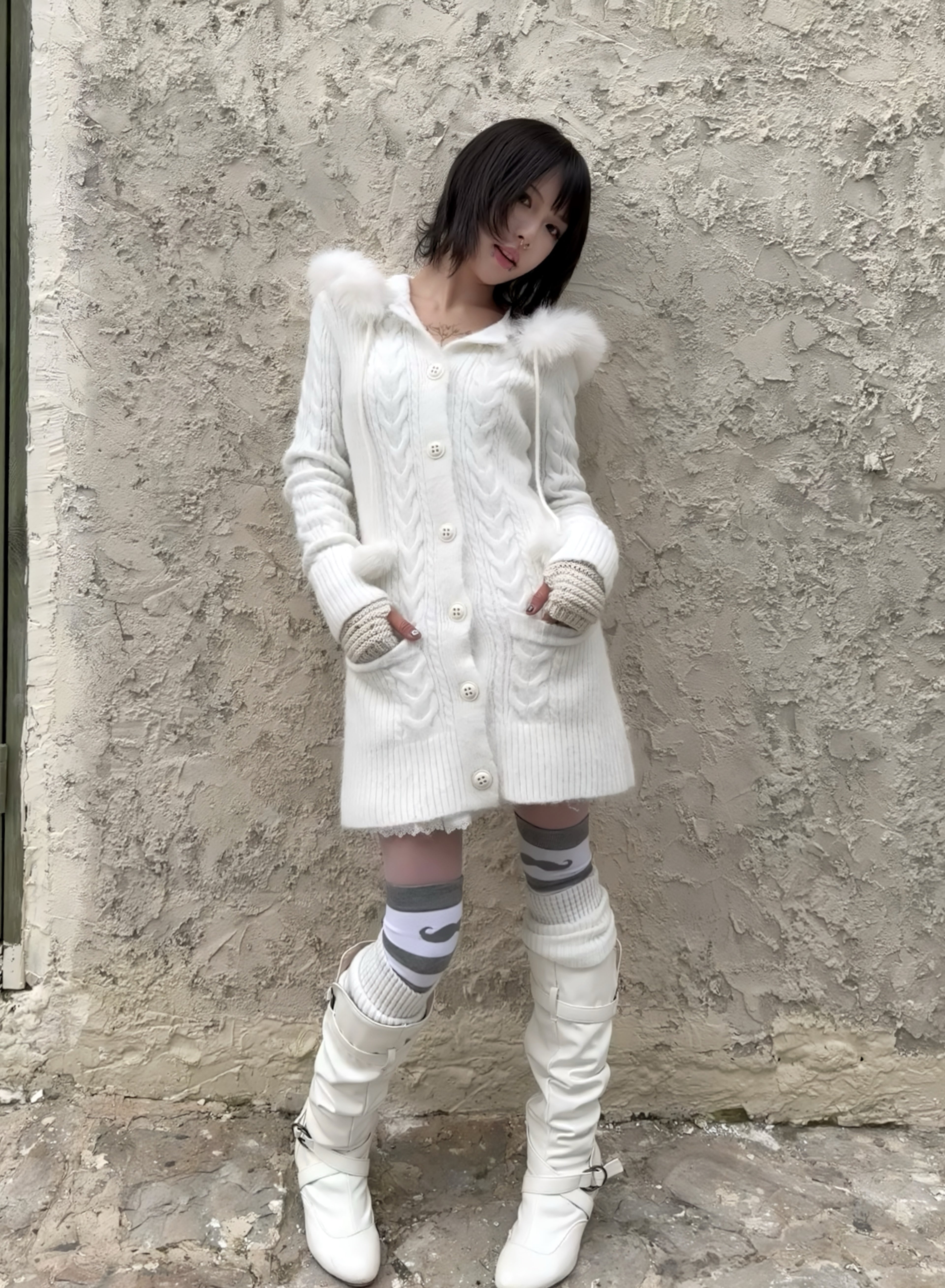 Angel Wings Long Knit Cardigan – Black & White