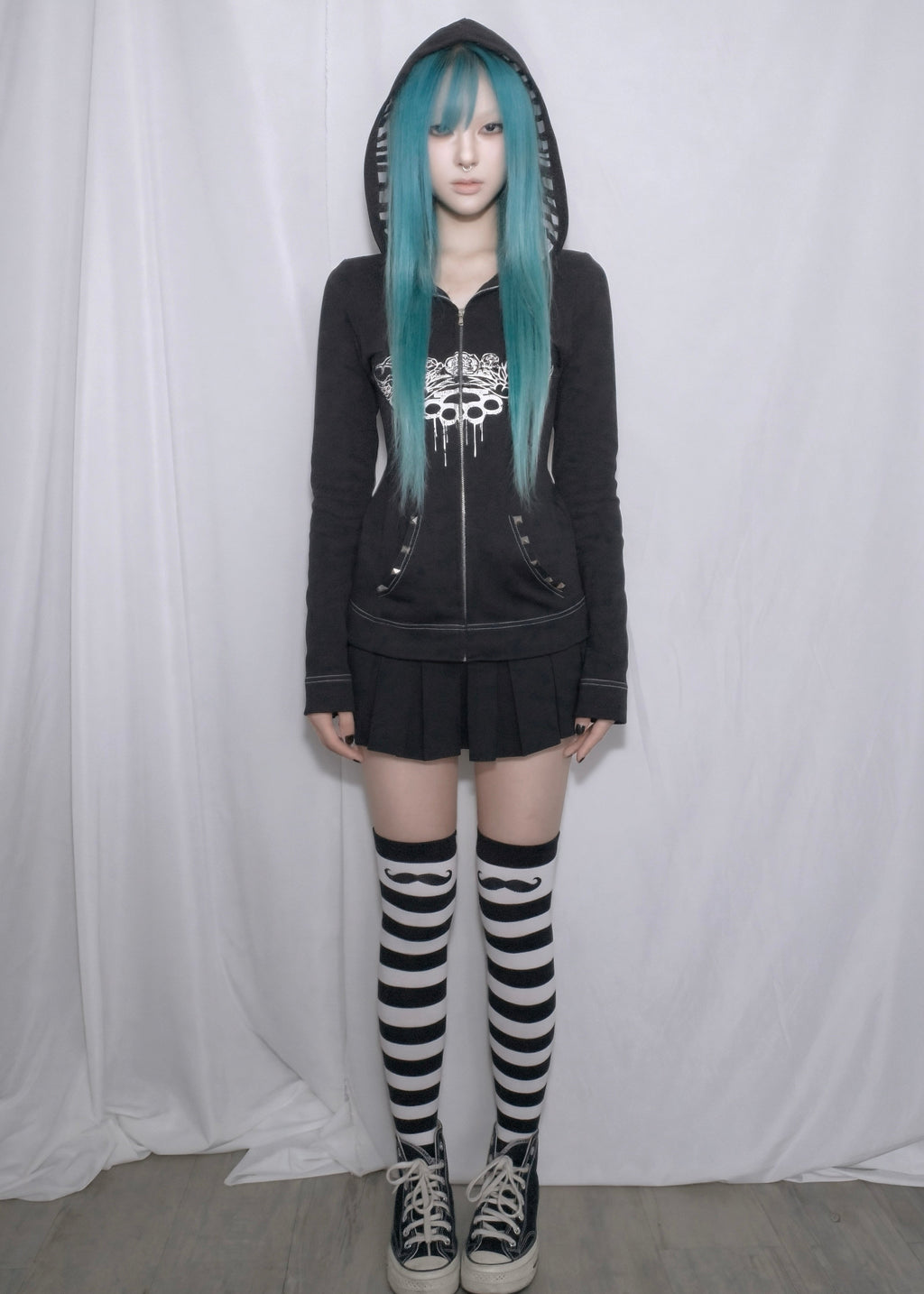 Knockout Slim Fit Black Hoodie with Zebra Pattern Hood Lining & Rivet Details