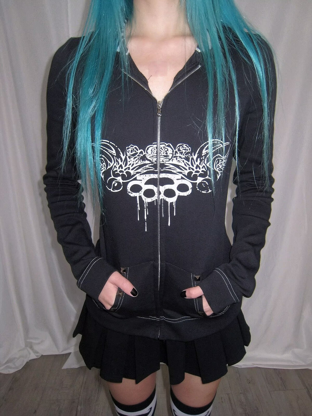 Knockout Slim Fit Black Hoodie with Zebra Pattern Hood Lining & Rivet Details