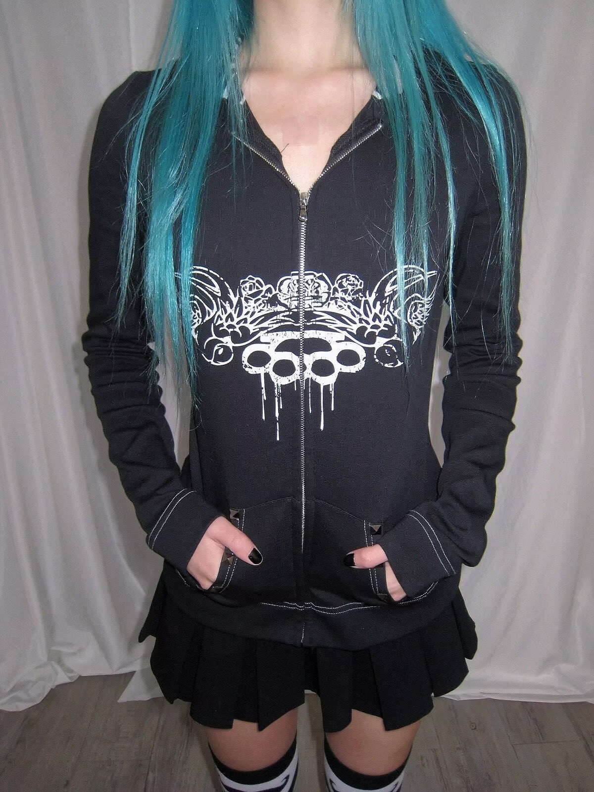 Knockout Slim Fit Black Hoodie with Zebra Pattern Hood Lining & Rivet Details