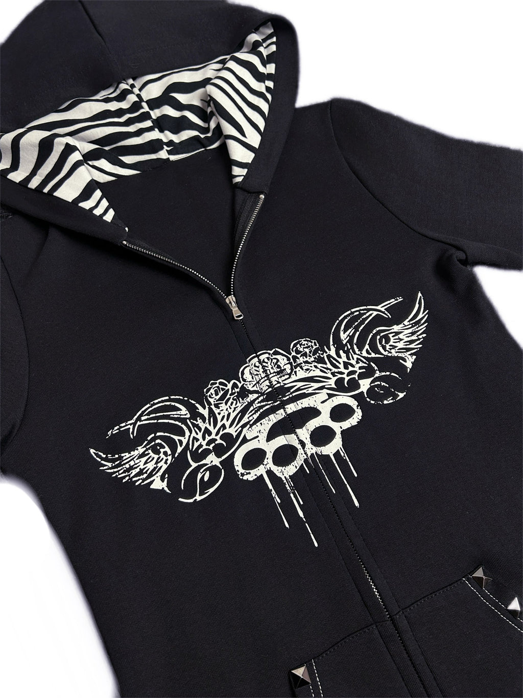 Knockout Slim Fit Black Hoodie with Zebra Pattern Hood Lining & Rivet Details