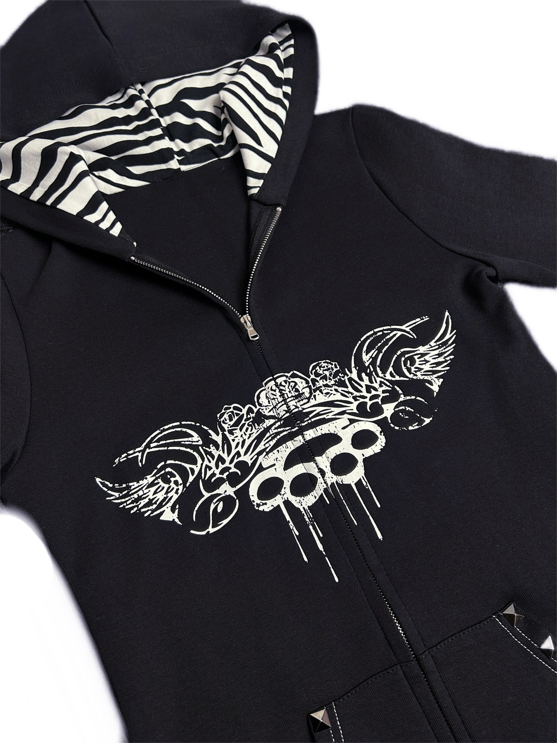 Knockout Slim Fit Black Hoodie with Zebra Pattern Hood Lining & Rivet Details