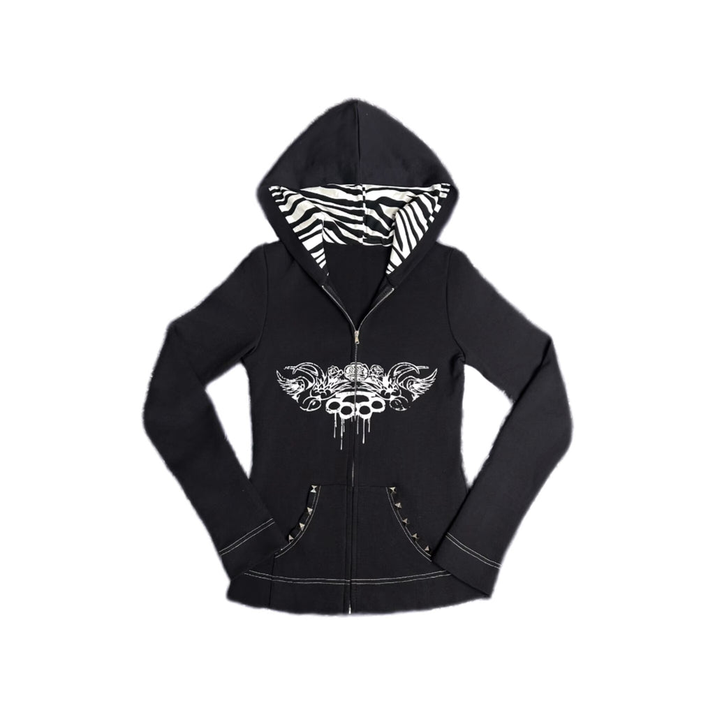 Knockout Slim Fit Black Hoodie with Zebra Pattern Hood Lining & Rivet Details
