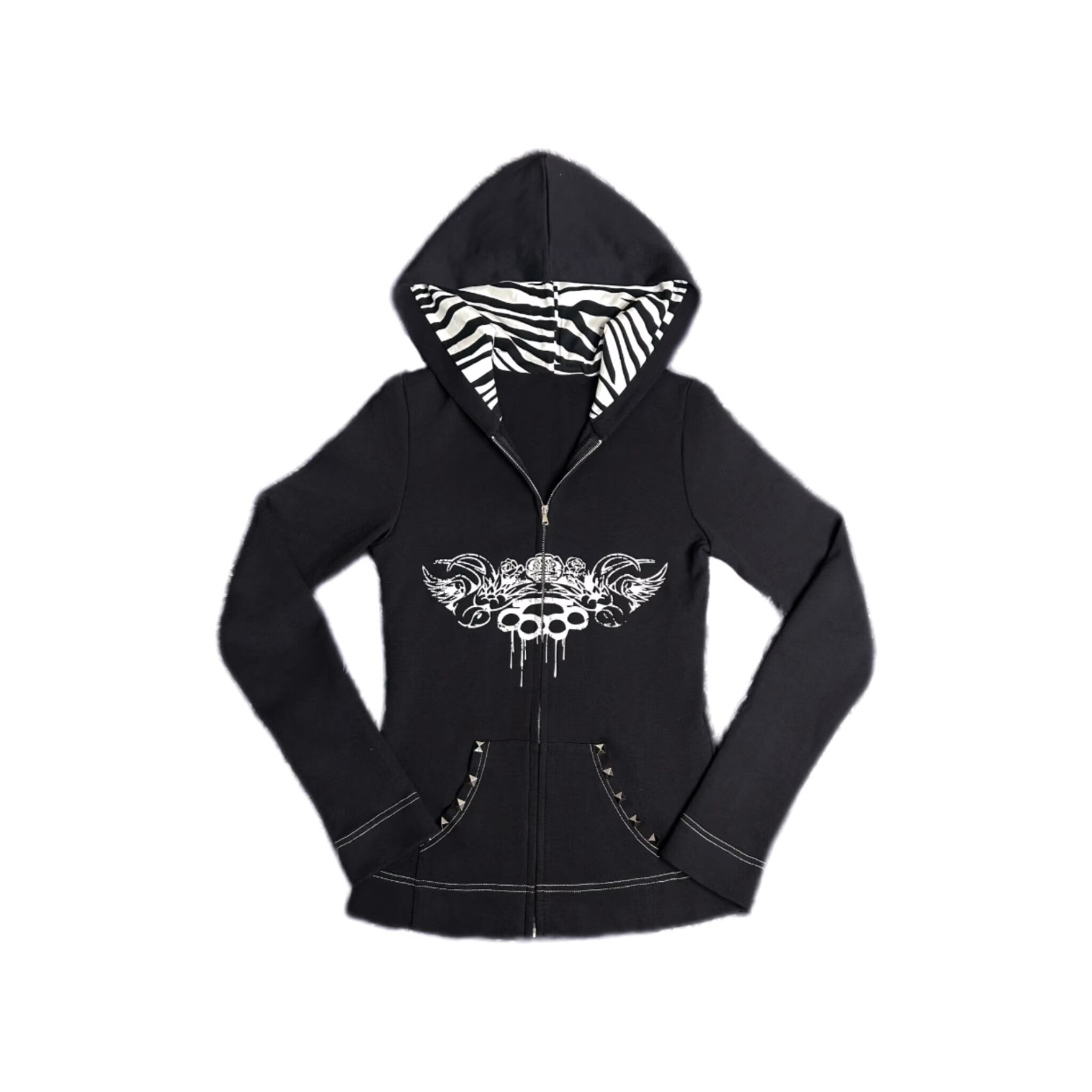 Knockout Slim Fit Black Hoodie with Zebra Pattern Hood Lining & Rivet Details
