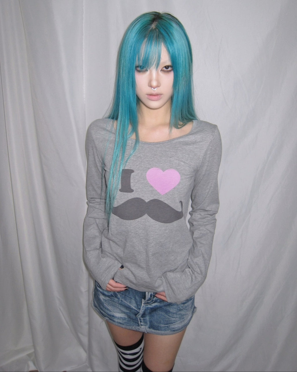 "I Love Mustache" Y2K Cotton Long Sleeve Tee | Grey & White Available